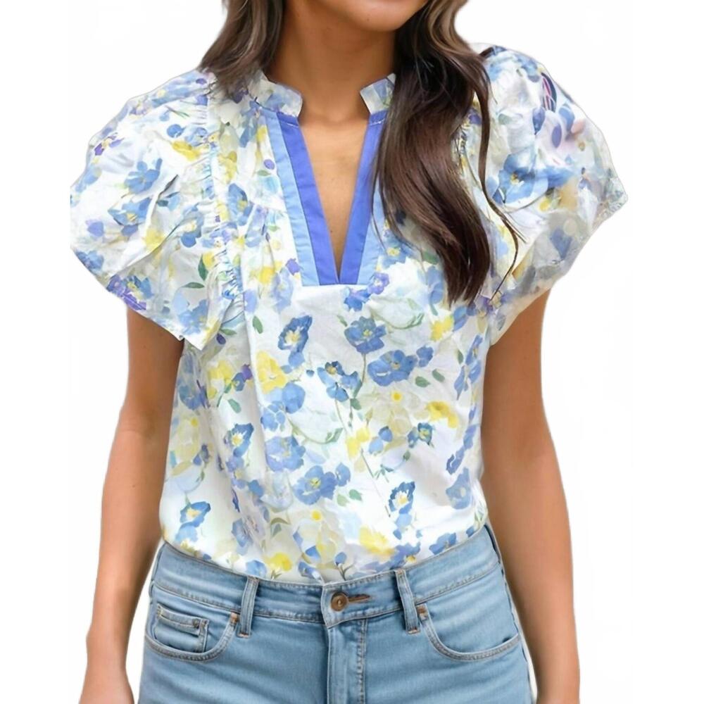 NEW SHEWIN edie floral print top in multi blue